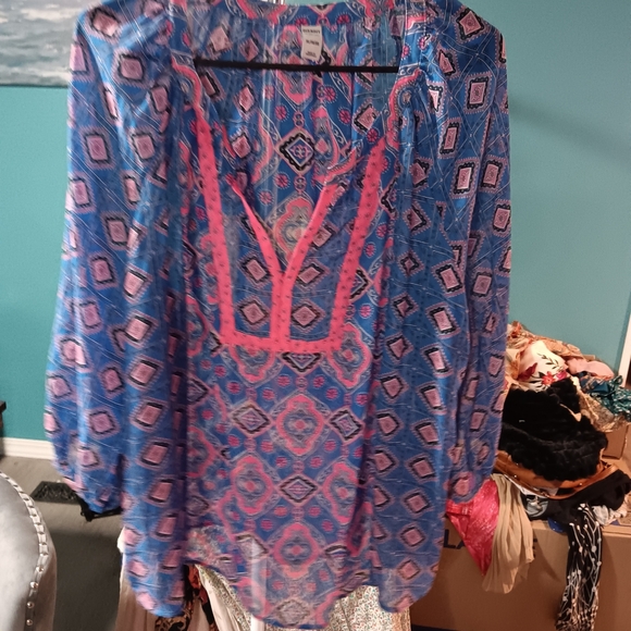 Old Navy Sheer Elegant Blue and Pink Women's Blouse - Picture 1 of 7